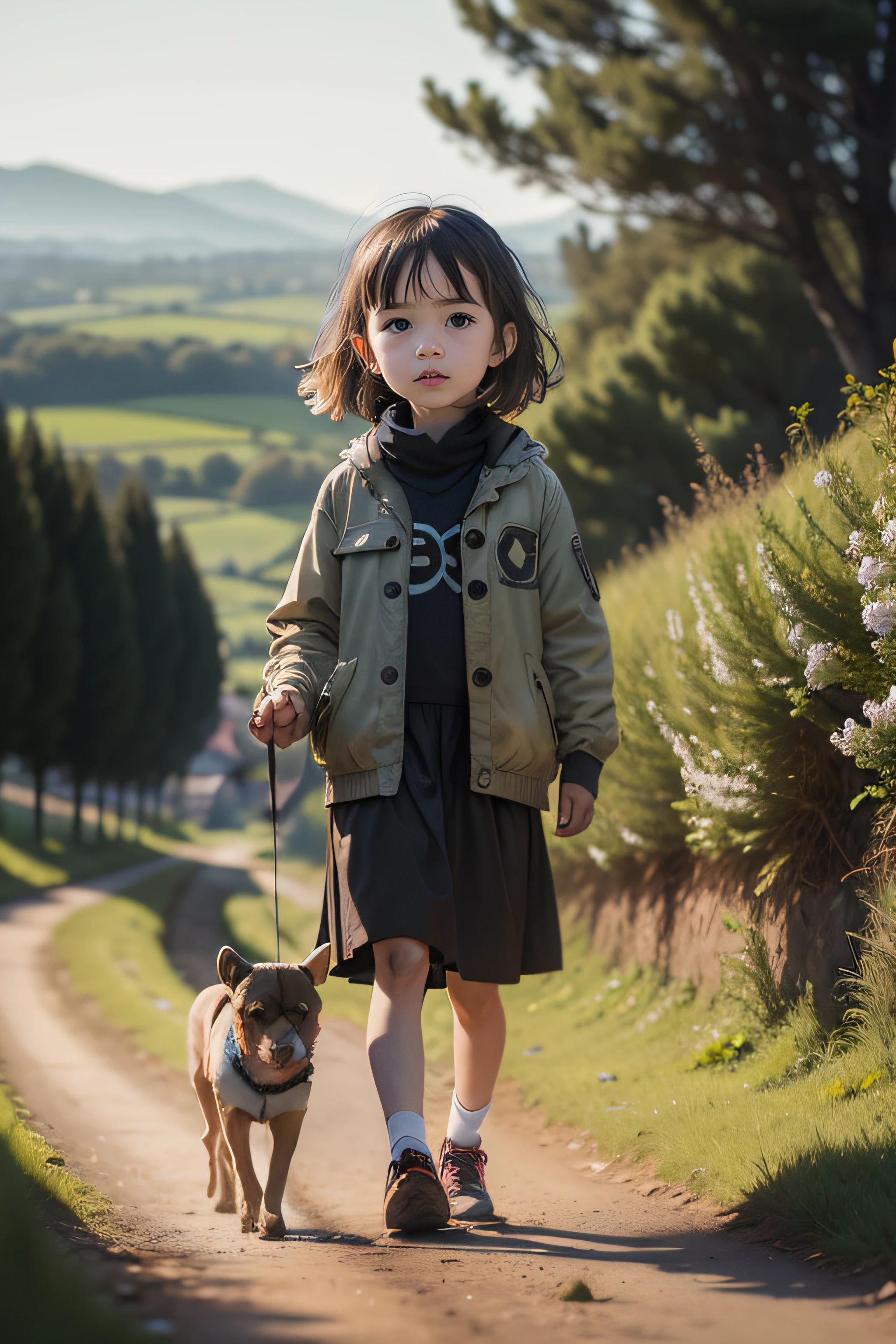 Il y a un chien qui se promène sur un chemin de terre., très à la mode, mode de vie, femme exploratrice mini jolie fille, Petit enfant, par Romain Brook, , Miko, détails subtils, elle porte du streetwear, lookbook, précieux, enfants, tenue décontractée, par Jesper Knudsen, meilleure vente, très stylisé, eva elfe, passer du bon temps