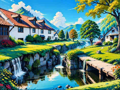 draw a house and a stream in a beautiful landscape, scenery art detailed, landscape artwork, rich picturesque colors, beautiful ...