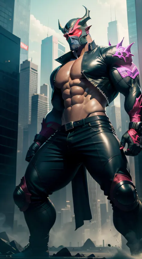 gangster, human-body, muscle, dragon, skyscrapers, neon-blinking, motorbike-behind, cool