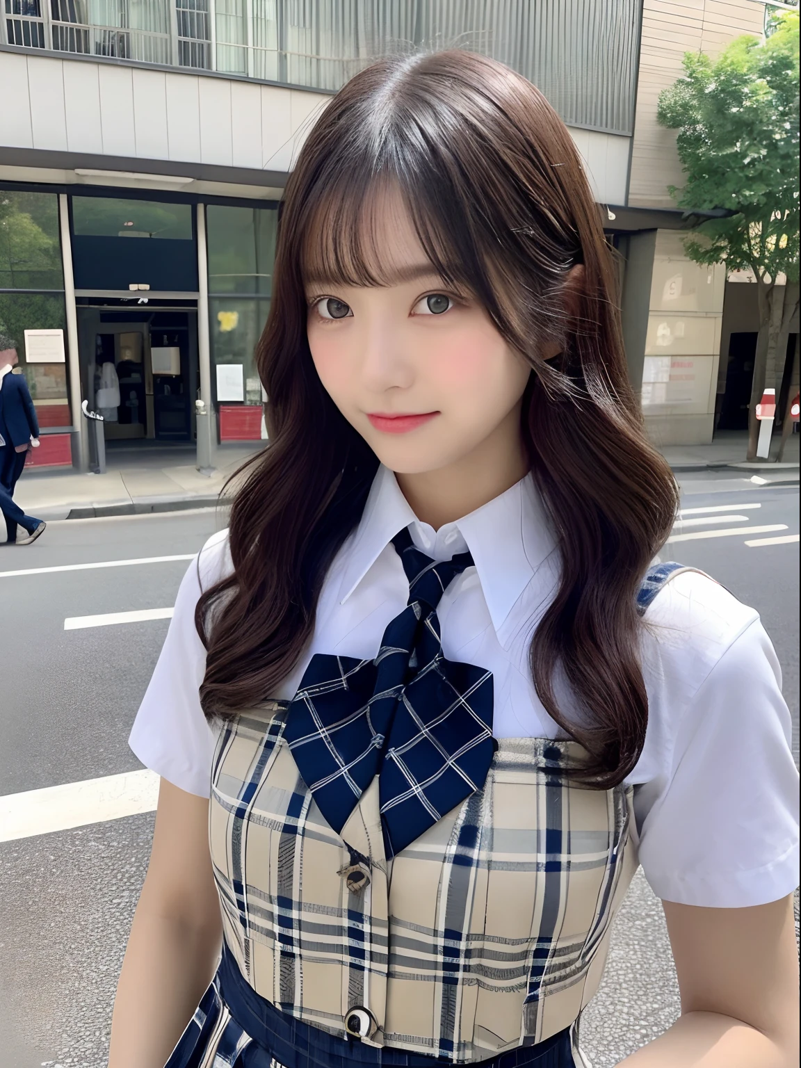 ((top-quality、8K、​masterpiece：1.3))、foco nítido：1.2、Beautiful schoolgirl in perfect style：1.4、A slender、((A dark-haired、tits out：1.2))、gravure model、(natural soft light、street snap、TOKYOcty、Harajuku:1.1)、Highly detailed facial and skin texture、A detailed eye、二重まぶた、Sweaty、A sexy、((Uniform 1.5))、jk suit plaid skirt pleated skirt shirt bowtie