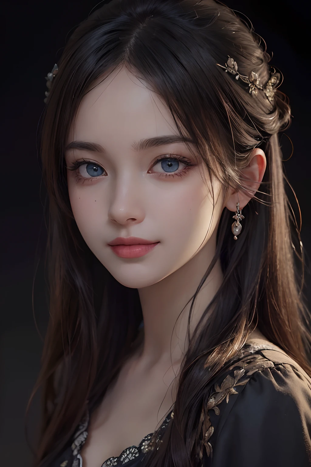 (ultra realistic) , (illustration), (increase resolution), (8K), (extremely detailed), (best illustration), (beautiful detailed eyes), (best quality), (ultra-detailed), (masterpiece),  (wallpaper), (detailed face), solo,1 girl, looking at viewers,  delicate details, detailed faces, in the dark, deep shadow, low key,pureerosfaceace_v1, smile,