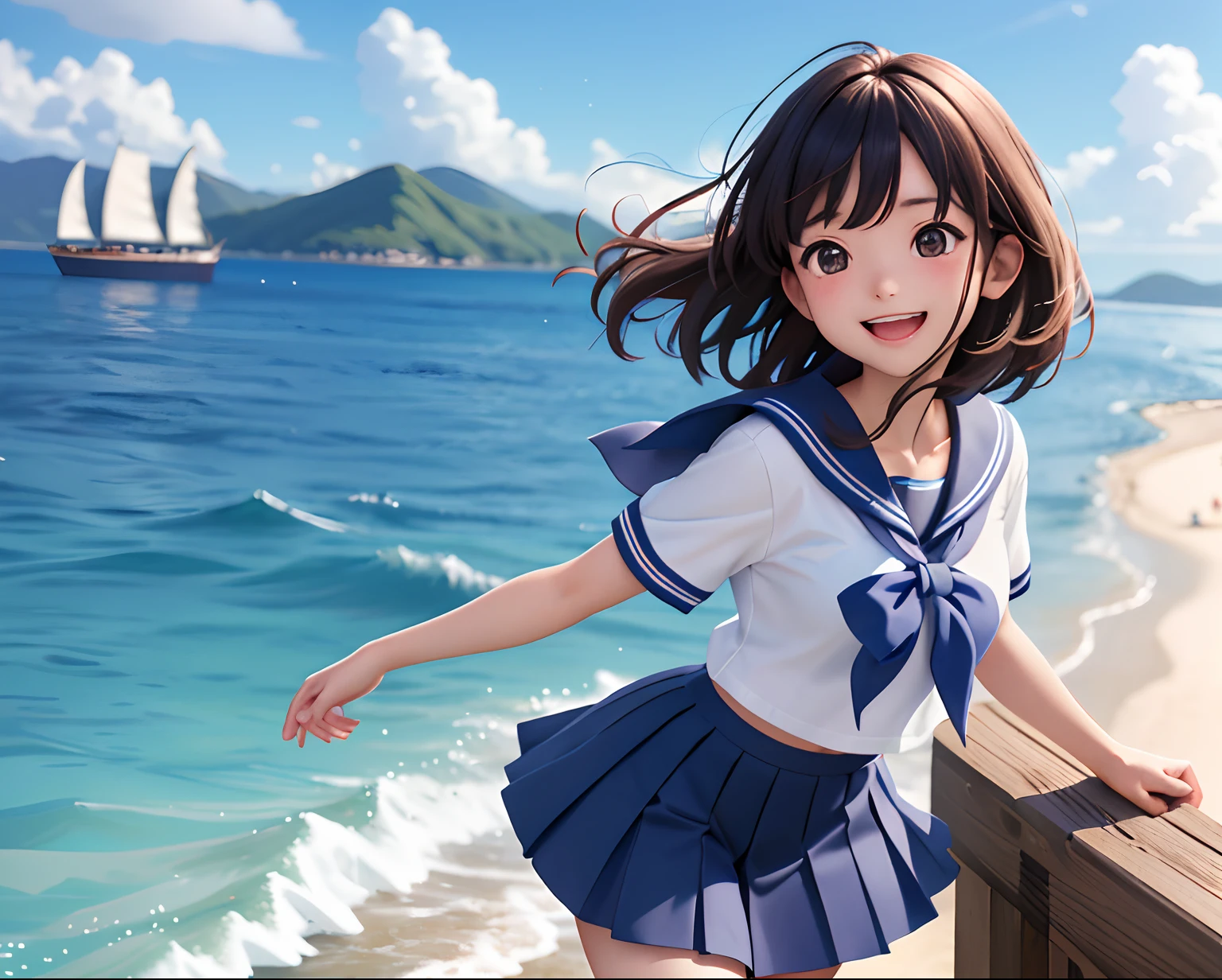 iku nakatani (million live), (best quality, 8K, masterpiece, ultra detailed:1.2), dynamic pose, cinematic angle, cowboy shot, light particles, sparkle, beautiful detailed eyes, shiny skin, shiny hair, day, dappled sunlight, blue sky, beautiful clouds, beach, wide shot, depth of field, blurry, sailing boats, ocean, seagull, islands in distance, 1girl, solo, skirt, smile, cute, happy, open mouth, sailor collar, shirt, pleated skirt, short sleeves, :d, school uniform, serafuku, collarbone, ribbon, bow,