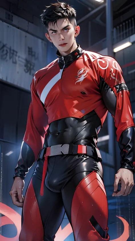 A tall muscular boy , Naked , Legs spread , （The whole body of the character），impact , Sweaty , Wet , Seductive , Bigboobs , large bulge , big balls , big assa，punky style，Exposing the pectoral muscles，Wu Yifan，Tight rubber clothing