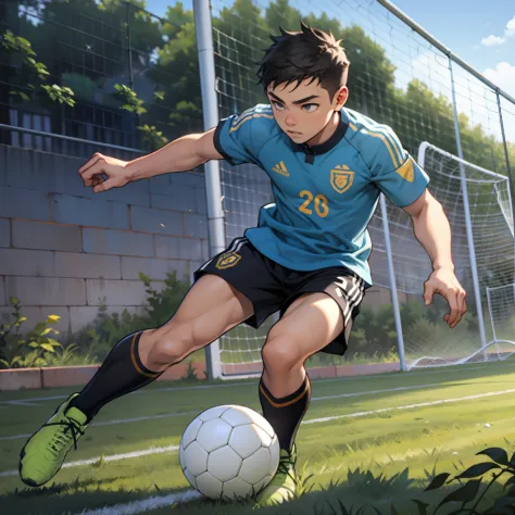 A boy is playing soccer，soccer court