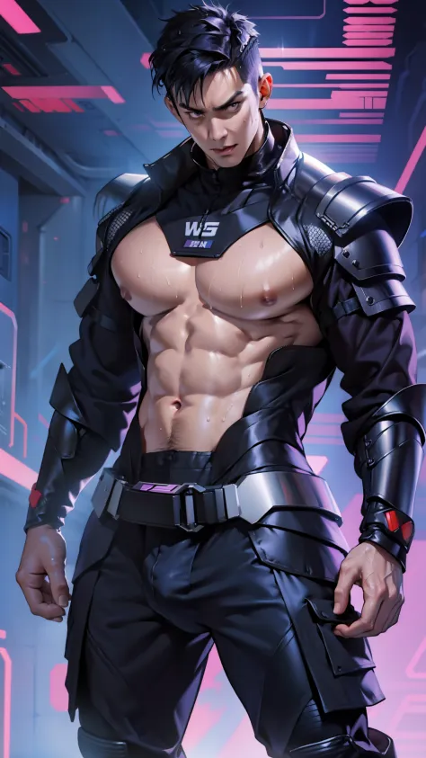 A tall muscular boy , Naked , （The whole body of the character），Boots，impact , Sweaty , Wet , Seductive , Bigboobs , large bulge , big balls , big assa，cyber punk style，armor，Exposing the pectoral muscles，Wu Yifan，blue colors，Purple skinny rubber garment