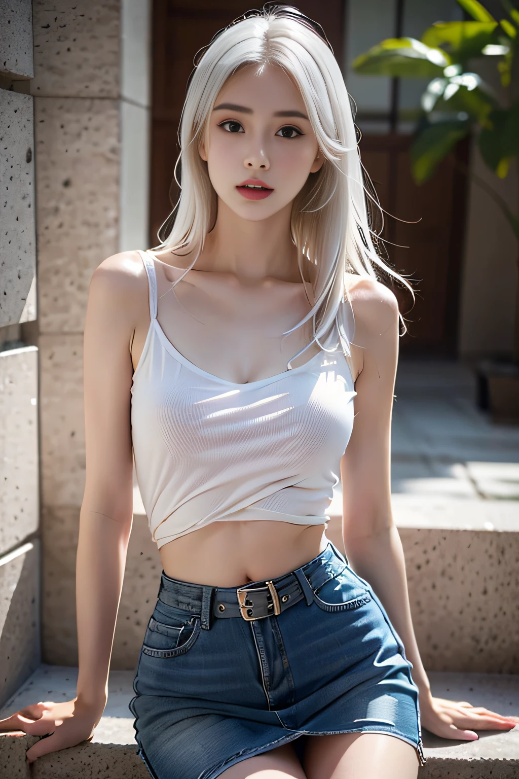 Best quality, Masterpiece, Ultra-high resolution, (Photorealistic:1.4), RAW photo, (Perfect body shape), 1girll, White hair, Waist up, 独奏, White OL set, Skirt