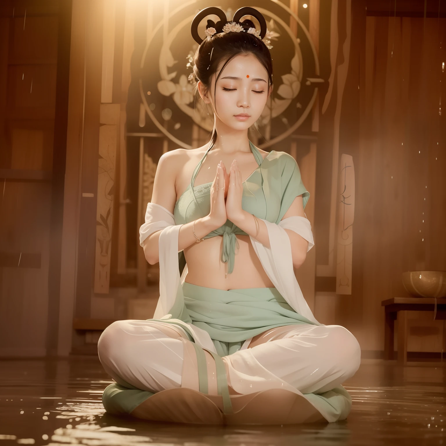 Zen  beauty soaked in sweat doing yoga lotus sitting meditation in a rain of heavy ，（Complete, Delicate and good-looking face），Cover the entire face