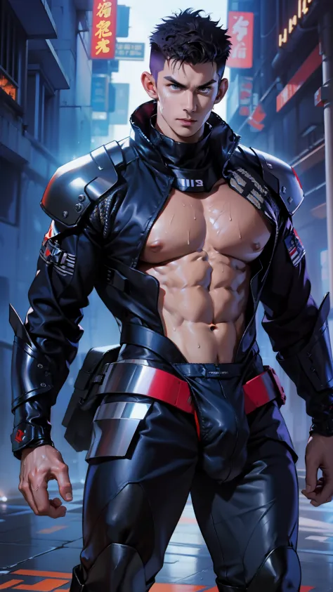 A tall muscular boy , Naked , （The whole body of the character），Boots，impact , Sweaty , Wet , Seductive , Bigboobs , large bulge , big balls , big assa，cyber punk style，Armor，Exposing the pectoral muscles，Wu Yifan，blue colors，Purple skinny rubber garment