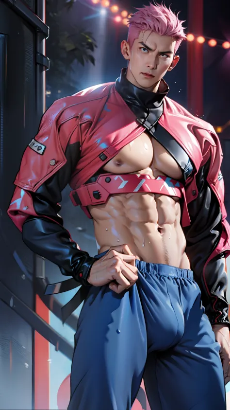 A tall muscular boy , Naked , Legs spread , （The whole body of the character），impact , Sweaty , Wet , Seductive , Bigboobs , large bulge , big balls , big assa，Exposing the pectoral muscles，Wu Yifan，Pink big breasts，Blue skinny rubber garment