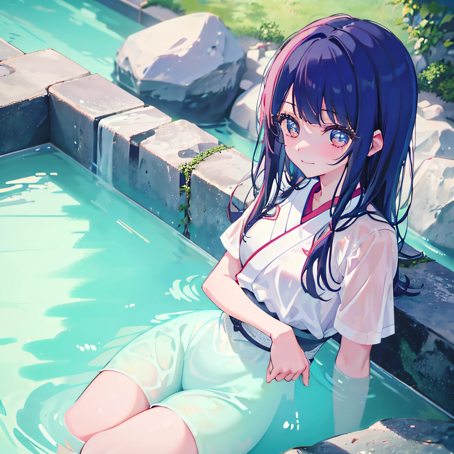 Anime girl sitting in a pool of water with her legs crossed - SeaArt AI