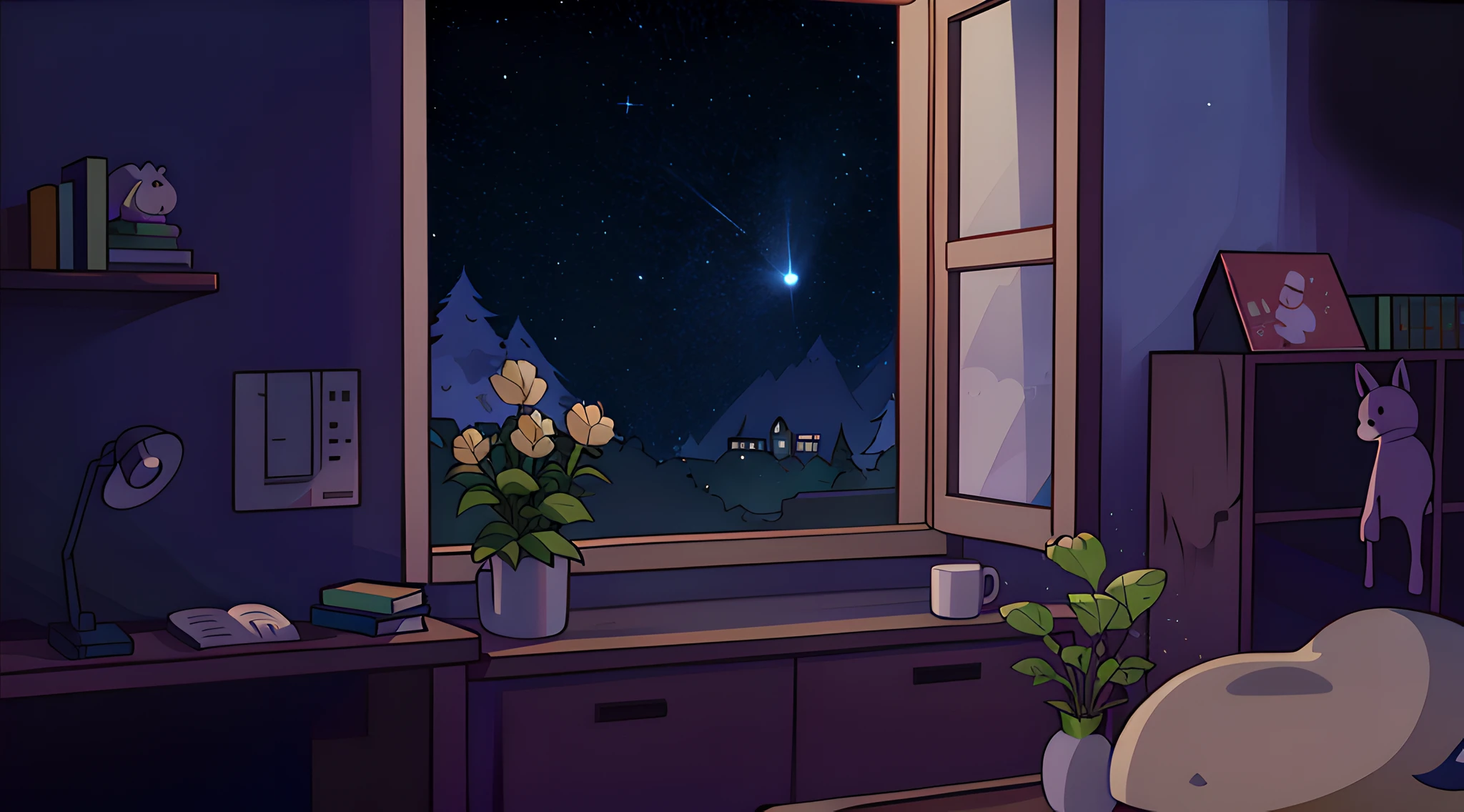 Blick aus einem Haus durch ein Fenster mit einem Nachthimmel draußen, Kaffeebecher , Schwerkraft fällt Stil, keine Leute, 8k, Bessere Qualität), (Egoperspektive)