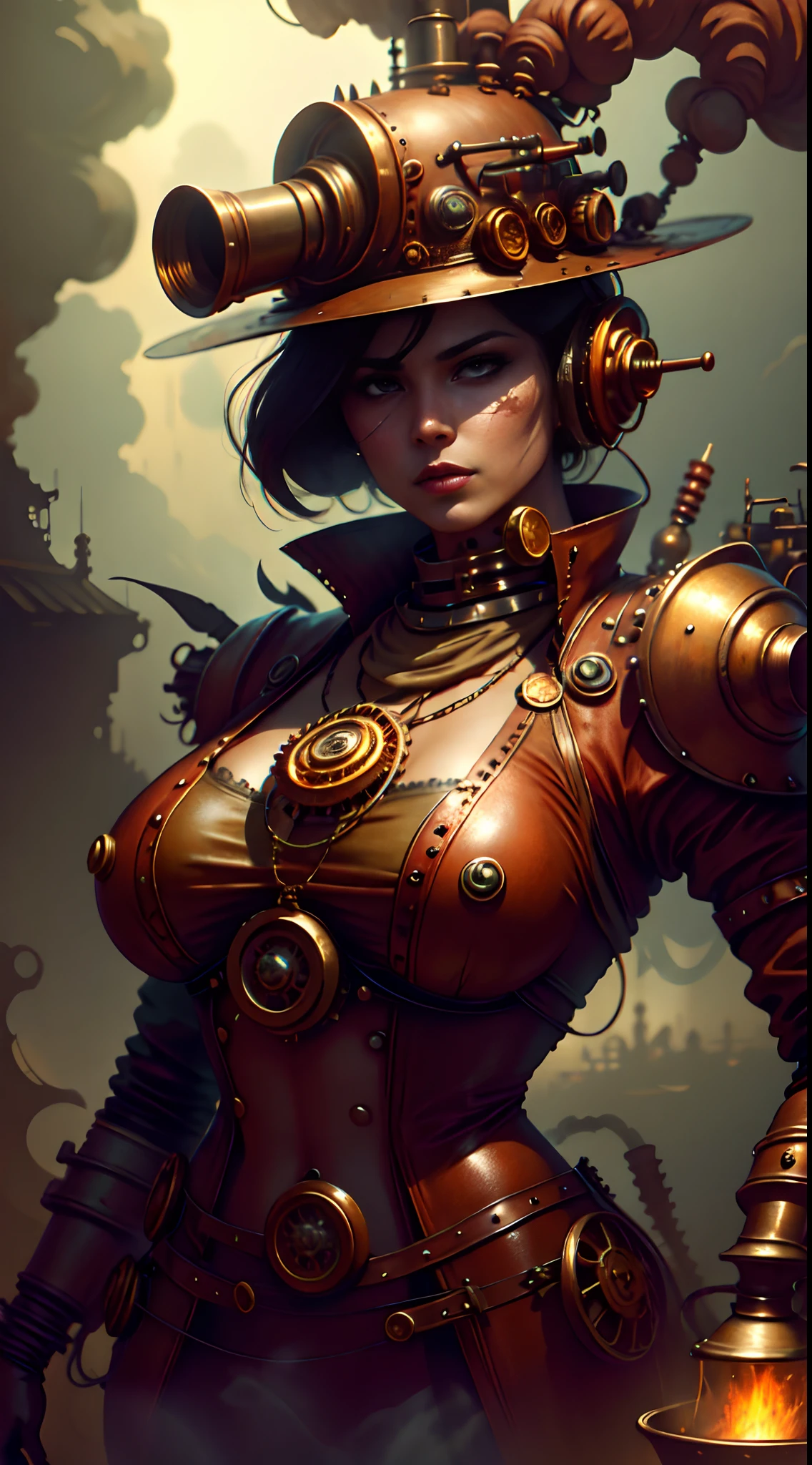 There's a sexzy indian 1woman with a steam-powered dusky skin, with big boobs,Royal look,helmet, arte conceitual steampunk, sexzy full body view top to bottom, stsnding in backview turning camera, random camera anhle,dark smoke fog background,arte steampunk digital, arte steampunk de alta qualidade, Wojtek FUS, arte digital steampunk, detailed wild steampunk illustration, Portrait of a gold and copper mechanical woman, arte steampunk, estilo de arte dieselpunk, cyberpunk steampunk, estilo de fantasia steampunk, Arte digital altamente detalhada em 4k, sci-fi steampunk