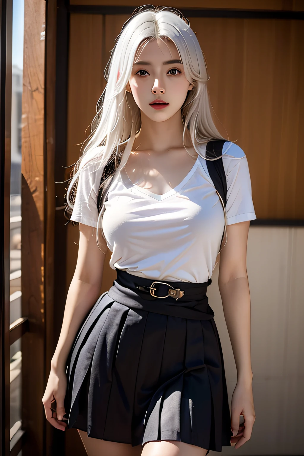 Best quality, Masterpiece, Ultra-high resolution, (Photorealistic:1.4), RAW photo, (Perfect body shape), 1girll, White hair, Waist up, 独奏, , Skirt