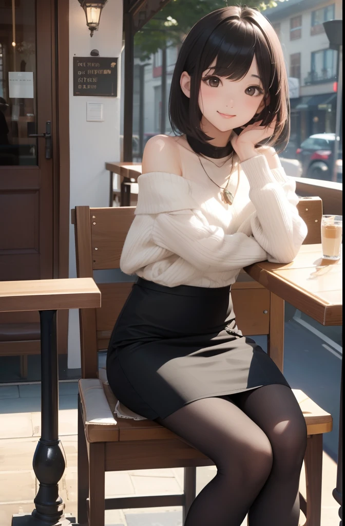 8k uhd, dslr,film grain, Fujifilm XT3,(best quality:1.3), (masterpiece:1.1), high resolution, cinematic light, intricate details, (photorealistic),outside,beautiful outside,sunny,
korean girl,(in cafe:1.5) , dimples, bobcut, looking at viewer, detailed trees, ribbons, bowties, bare shoulders, ribbed sweater, 
pencil skirt, high-waist skirt, head rest, sitting, indoors,
 necklace,black pantyhose, sheet transportation sweater, (smile),(full body:1.6),slender,