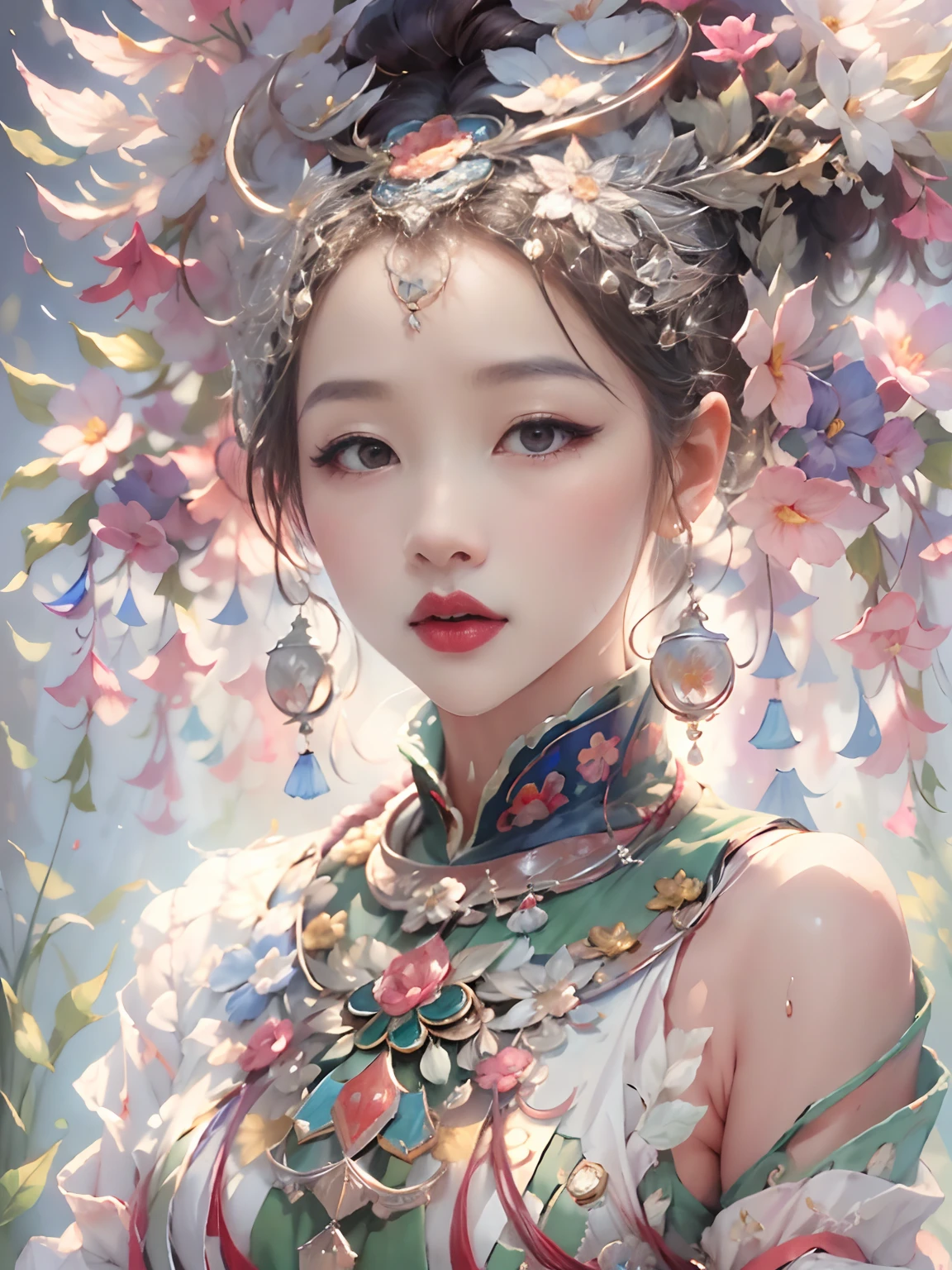 ((The upper part of the body)),orthofacial，Hmong girl in Hmong costume， (by Artist Anna Dittman:1), (((Masterpiece))), (((Best quality))), ((Ultra-detailed)),(Detailed light),((An extremely delicate and beautiful)), Delicate facial features，Fine strands of hair，Facial features，Hmong,garments、head gear、耳Nipple Ring，with a pure white background，Cutout