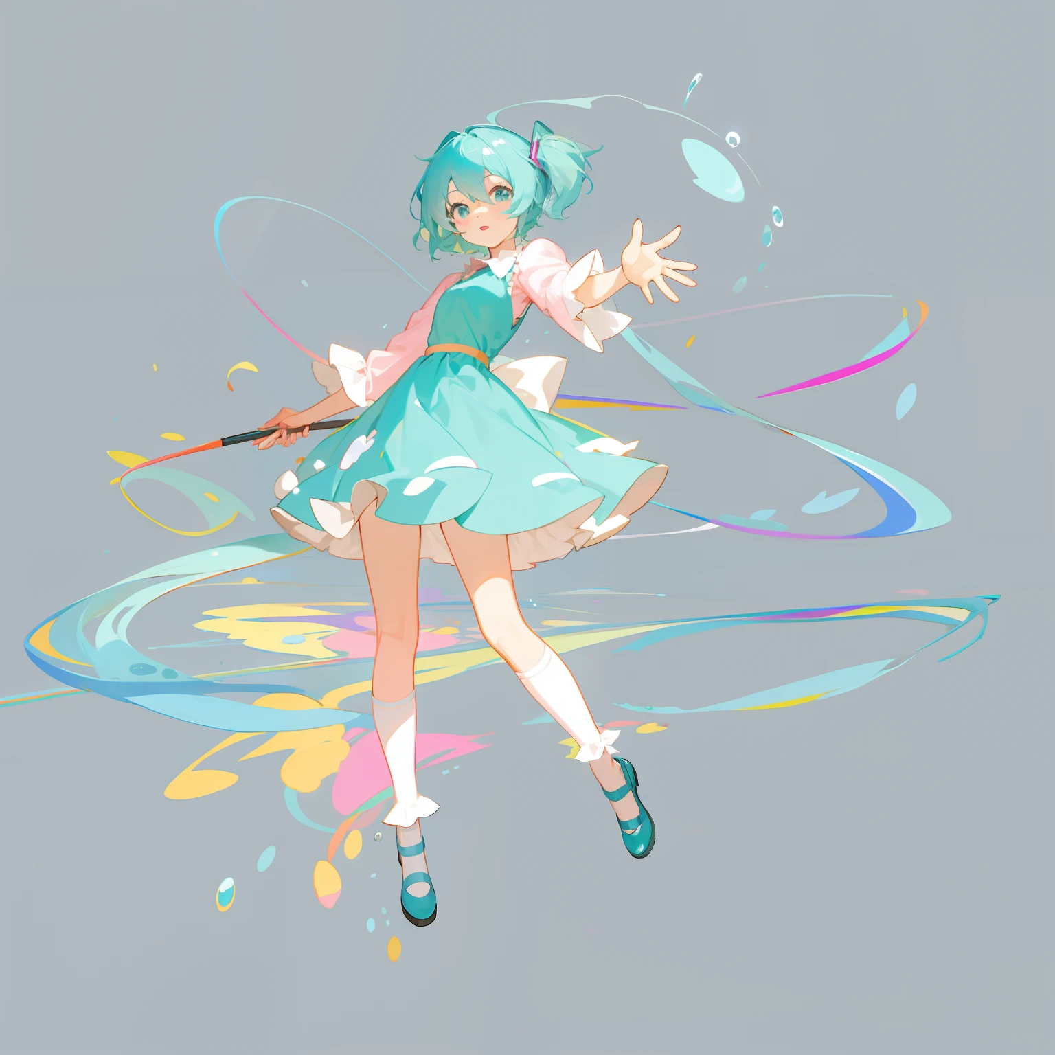 Anime girl in cyan-pink dress and water element, painttoolsai!! Blue, Hatsune Miku, Os amigos,  in dress, touhou character, painttool sai, Anime moe art style, cute anime waifu in a nice dress, Anime girl with teal hair, Hatsune Miku short hair, she is floating in the air, made in paint tool sai2，Whole body diagram