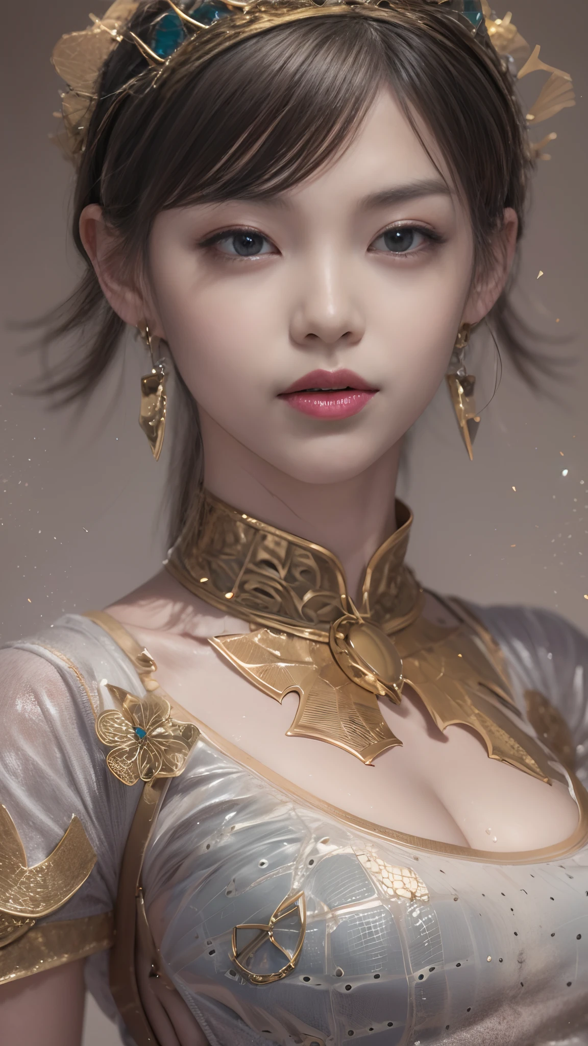 wet lands，（tmasterpiece，k hd，hyper HD，16k）brunette color hair，15 year old girl，Multi-layer gauze skirt，Hollow gold thread crown jade setting，Rouge lips，Cherry mouth，Focus on the neckline，Soft hair like slippery silk，Sparkling，Almost reluctant to look away，She wears a suspender cheongsam！Imagine that，She just wore a cheongsam to the bustling big castle，One can't help but want to take a closer look，Take a closer look, desi，Her belly pocket is quite stylish，The skirt flutters in the wind，It's like adding a touch of energy to the whole street，Crocodile skin train，A sneak peek angle，（From the angle below），Sit in the seat of the monitor lizard，sitting in front，Zoom camera，head portrait，Head down and sleepy-eyed，Look at the ground， best qualtiy， hyper HD， （realisticlying：1.4），， A high resolution， the detail， RAW photogr， Sharp Re， Nikon D850 Film Stock Photo by Jefferies Lee 4 Kodak Portra 400 Camera F1.6 shots, Rich colors, ultra-realistic vivid textures, Dramatic lighting, Unreal Engine Art Station Trend, cinestir 800，