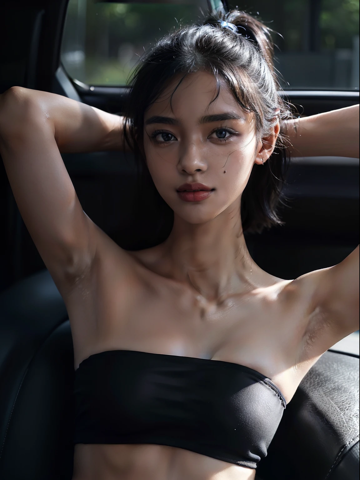 ((Black skin much darker than in the photo、Black armpits、Green eyes、She has the blackest black skin、The blackest black skin、Armpit、Black wrinkled armpits、I'm in the car、inside of a car、shiny blackest skin!、 beautiful dense black skin,、Upper body only、red lipsticks、Armpits are the blackest、Light illuminating the armpits、Pitch black skin like a black man！、Light falls on the armpits、Illuminates the armpits very brightly、Pitch black armpit skin!、Strapless bra、Model at 15 years old、Realistic armpit wrinkles、Glossy armpits、improve the appearance of armpits、Armpit、Take a pose with armpits visible、upper body closeup、A smile、Detailed black shiny armpits、Realistic black shiny armpits、Sweaty and glowing body、Detailed armpit wrinkles、full of sweat、Black detailed black armpits、Very black skin color、Caucasian and half-very dark-skinned woman、Black skin beauty、Black skin、Glossy armpits、Show me your armpits in the car、Dark-skinned woman in black strapless bra, Smiling))、(high-ponytail Hairstyle、Caucasian and very black dark-skinned woman、8K、Green eyes、Caucasians with very dark skin）、Underwear models,Strapless bra、Black panties、, 15yo student、Women with the darkest skin))、Photorealistic perfect body、In the car in armpit pose、Best Quality, Armpits, Arms up, Strapless Bras、 in car、short-haired、Realistic, 8K、Glossy armpits、glowy skin、((Glossy armpits、Tecateca skin、Black skin、Black skin、detailed armpit、Skin shiny with sweat、Glossy armpits、In the car、inside of a car)) 1 girl in