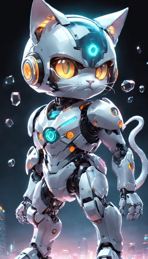 robotic cat, (estilo de brinquedo da caixa cega:1.2), (tiro de corpo inteiro) , 1 Menino Transparente,Behind him is a cute transparent robot cat, Mech transparente, Capacete requintado:1.2, Glasses:1.2, Cyberpunk, brilho sonhador, luminous neon lights, limpo, fundo branco, ( global ilumination, Traching de raias, HDR, unreal render,Reasonable design, alto detalhe, master part, best quality, hiper HD, Cinematic lighting)