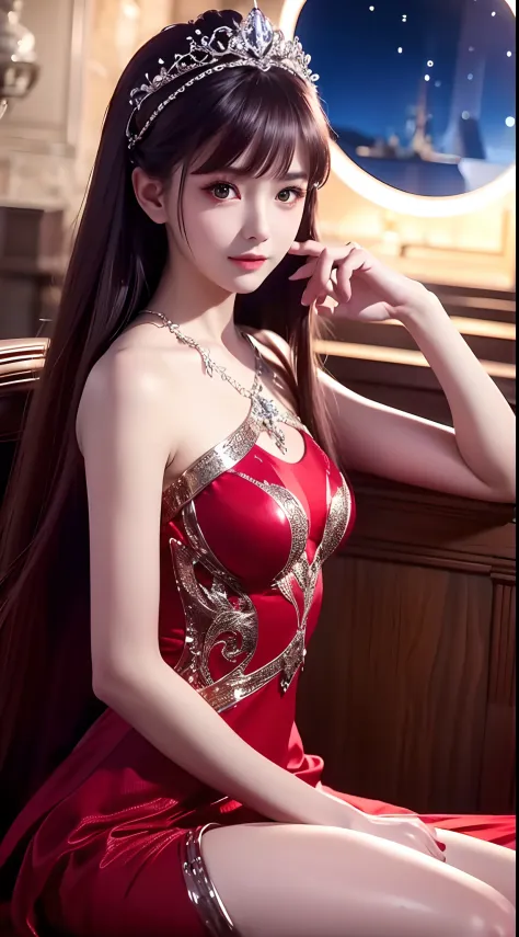 4K ultra hd, masterpiece, a cute girl, long hair, princess hairstyle, princess dress, red dress, bare waist, moon background, si...