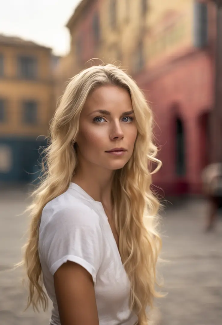 Blonde woman with long hair and white t-shirt staring at camera, Close up of blonde woman, blonde and attractive features, blonde swedish woman, Blonde Woman, a photography of a beautiful woman, Attractive woman, Young blonde woman, Beautiful blonde woman,...