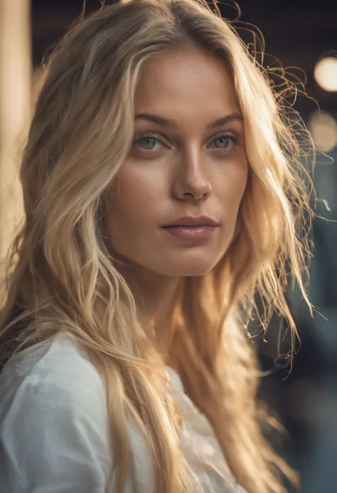Blonde woman with long hair and white t-shirt staring at camera, Close up of blonde woman, blonde and attractive features, blonde swedish woman, Blonde Woman, a photography of a beautiful woman, Attractive woman, Young blonde woman, Beautiful blonde woman,...