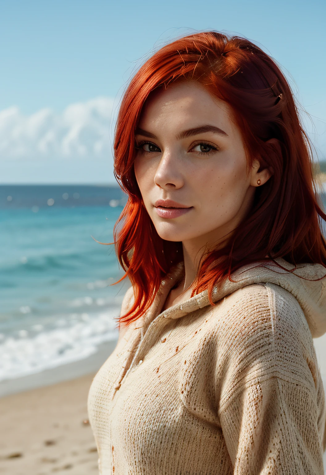 Arafed woman with red hair standing on the beach looking at the camera -  SeaArt AI