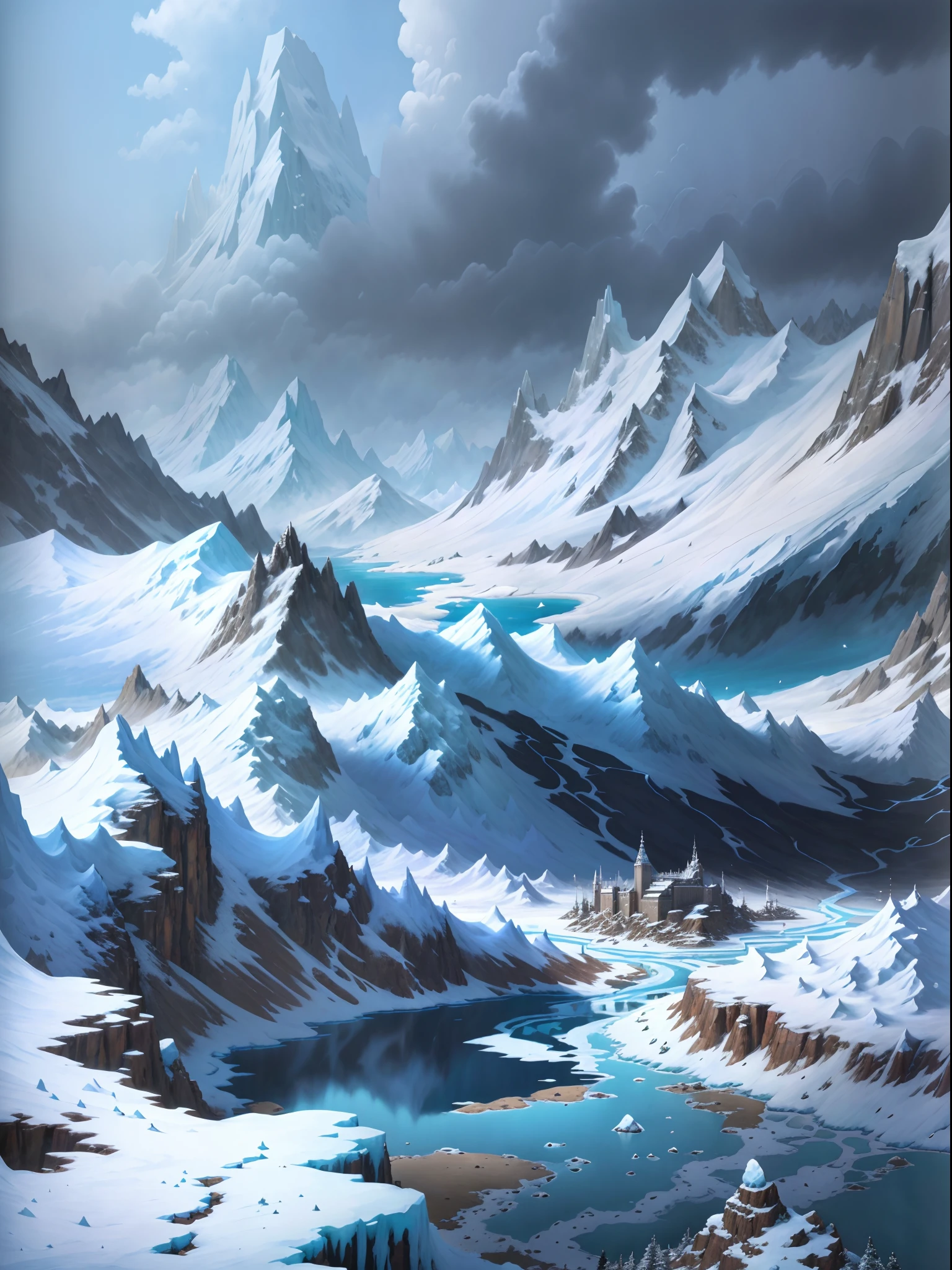 Snow-capped mountain landscape with lakes and mountains, icey tundra background, Snowy environment, Snowy mountain background, Arte conceitual de inverno, ice mountain, Snowy mountains, snowy mountain landscape, concept-art. epic landscapes, Anime landscape, detailed scenic view ， snow landscape background, anime landscape wallpapers, icy mountains in the background