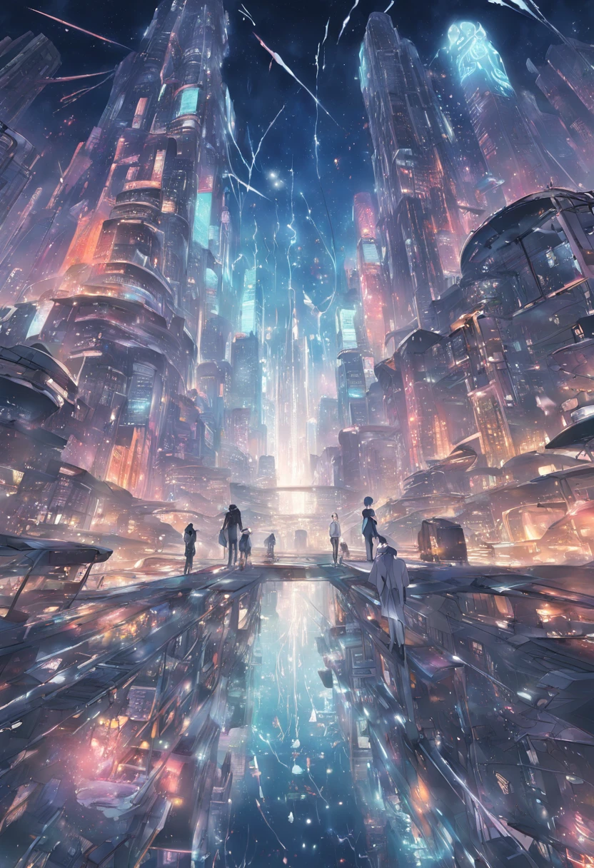 Quantum Mirage: In a technologically advanced city built atop a reflective sea, create a scene where towering skyscrapers seem to meld with their own reflections, blurring the line between reality and illusion. The city's residents harness quantum energy to manipulate this mirage-like environment