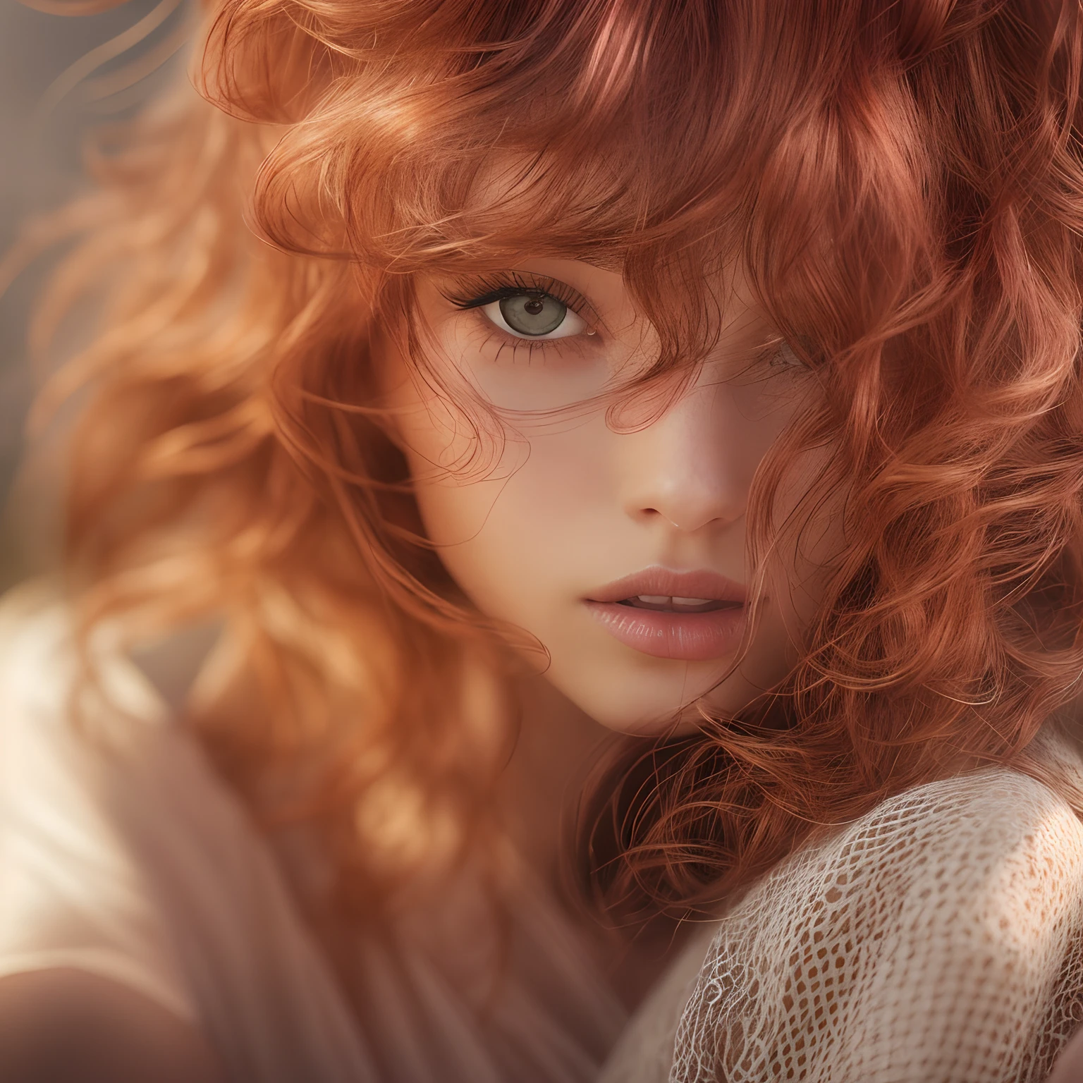 young, redhead, wavy hair, natural skin texture, sensual, 2k textures, dimensions 2560px x 1080px, intricate soft cinematic light, elegant, highly detailed, sharp focus, ((((cinematic visual)))), soft tones, insane details, intricate details, hyperdetailed, low contrast, soft cinematic light, faint colors, exposure combination --auto --s2