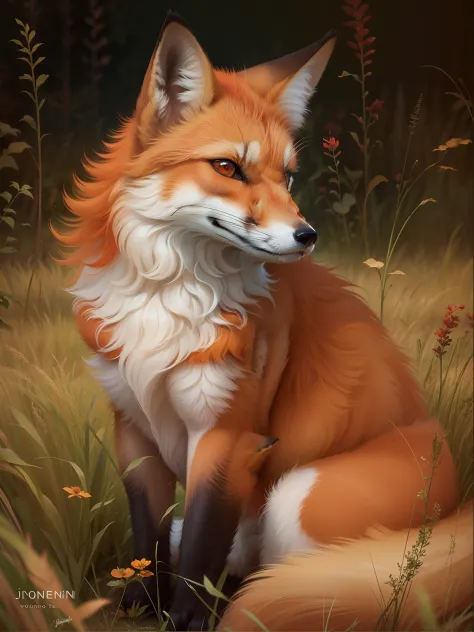A Red Fox, only two legs visible only one nose two identical perfect eyes symmetrical, only two ears, sitting in the high grass, in the style of Joni Johnson Godsyn Hepler