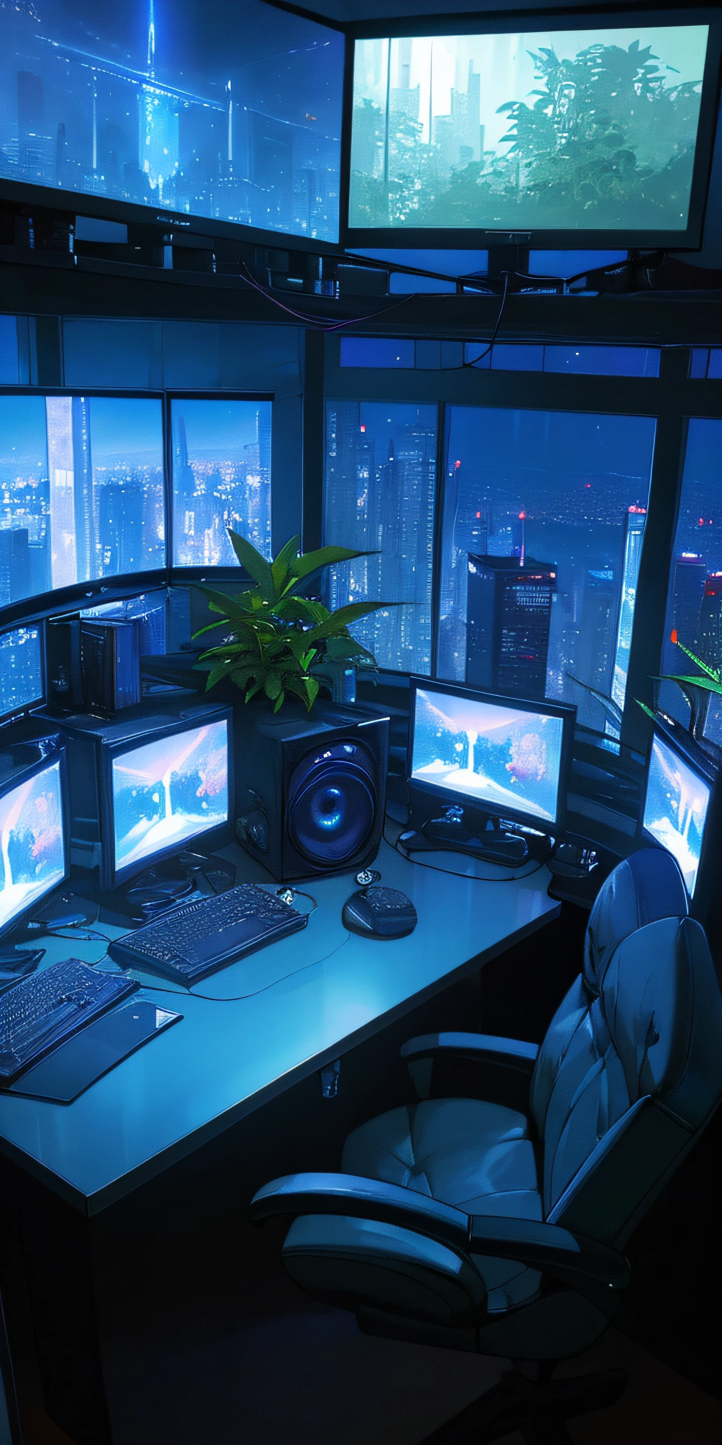 (masterpiece, best quality), a game room, large screen monitor, PC table, computer, large window looking at the night city, blue room, headphones, mic, streamer, silent, plants