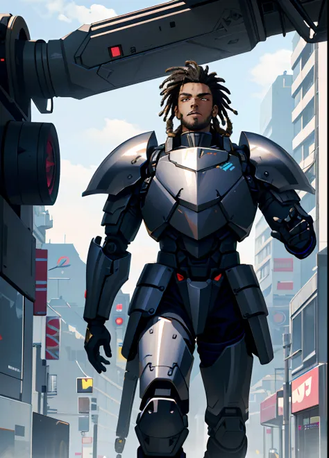 ((best quality)), ((masterpiece)), (highly detailed:1.3), 3d, cyberpunk, 1 dark skinned male, dreadlocks, young, mechanical musc...