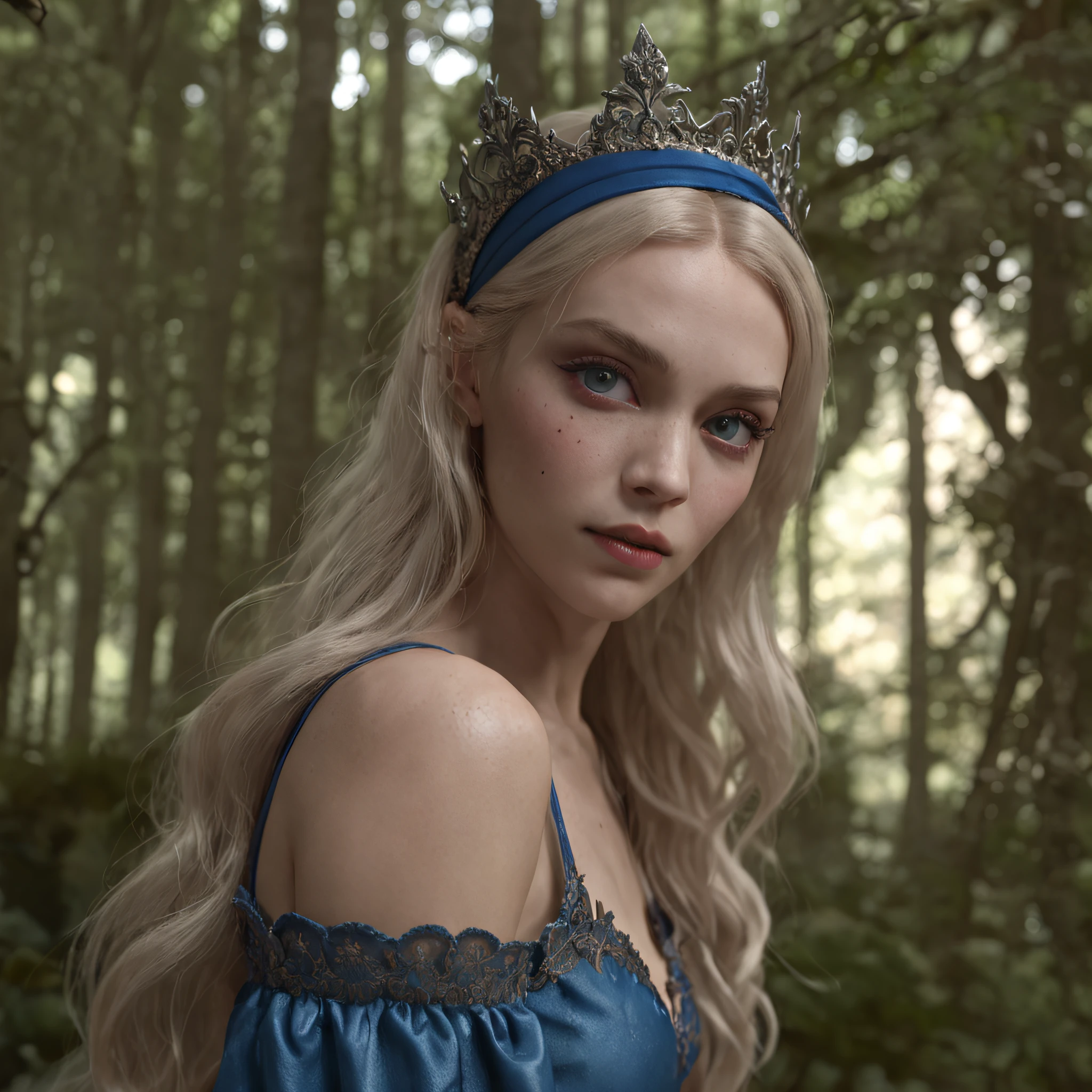 (professional 3d render:1.3) af (Realistic:1.3) most beautiful artwork photo in the world，Features soft and shiny female, ((Epic fantasy Alice in Wonderland, strong powerful female look,  long blonde hair, piercing eyes and determined expression in dynamic pose, Fantastic location, Majestic dark spooky forest)), full body 8k unity render, action  shot, skin pore, very dark lighting, heavy shading, Detailed, Detailed face, (vibrant, photograph realistic, Realistic, Dramatic, Dark, Sharp focus, 8K), (Blue dress in style of Alice slightly damaged and worn:1.4), ((((blue headband)))), (Intricate:1.4), decadent, (Highly detailed:1.4), Digital painting, rendering by octane, art  stations, concept-art, smooth, Sharp focus, illustration, Art germ, (loish:0.23), wlop ilya kuvshinov, and greg rutkowski and alphonse mucha gracias and Tim Burton, (Global illumination, Studio light, volumettic light), heavy rain, particles floating, lotr, fantasy, elf, full bodyesbian, ((Dark and spooky forest background:1.3)),CGSesociety, art  stations