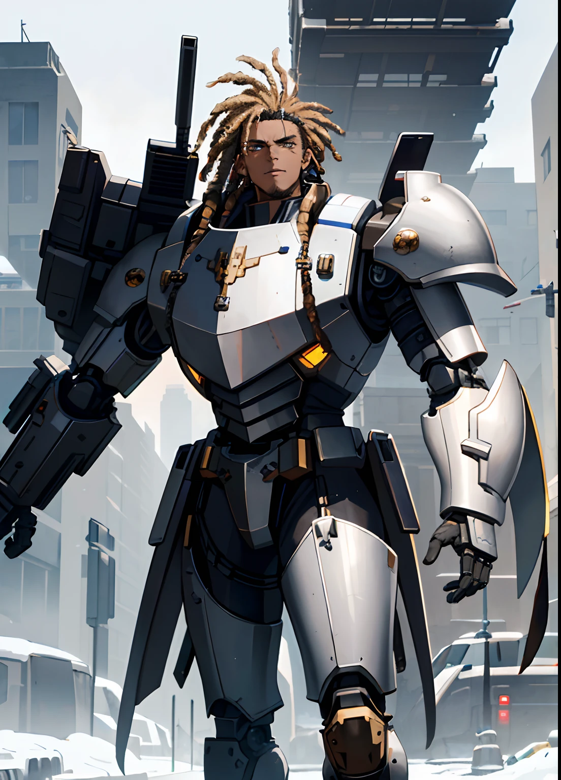 ((Best quality)), ((masterpiece)), (highly detailed:1.3), 3D, cyberpunk, 1 dark skinned male, vitiligo, dreadlocks, young, no beard, mechanical muscle, tall chunky cyborg, mech plate armor, giant machine gun, snowy steampunk canyon city background