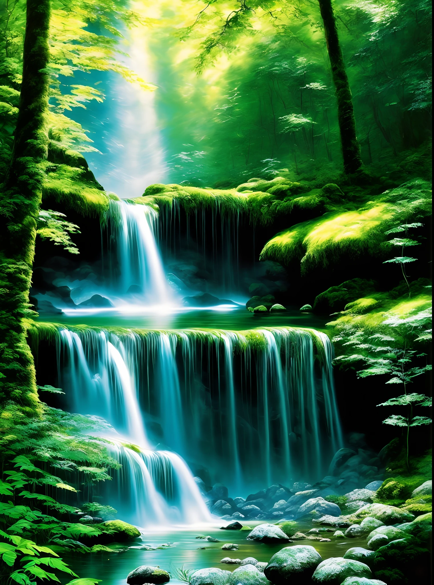 painting of a waterfall in a green forest with a sunbeam, waterfalls, amazing depth, breathtaking masterpiece of art, peaceful beautiful waterfall, multiple waterfalls, an endless waterfall, (waterfall), waterfall(beautiful, waterfall backdrop, waterfall, beautiful art uhd 4 k, streams of flowing light, soft airbrushed artwork, immense waterfall, cascading iridescent waterfalls