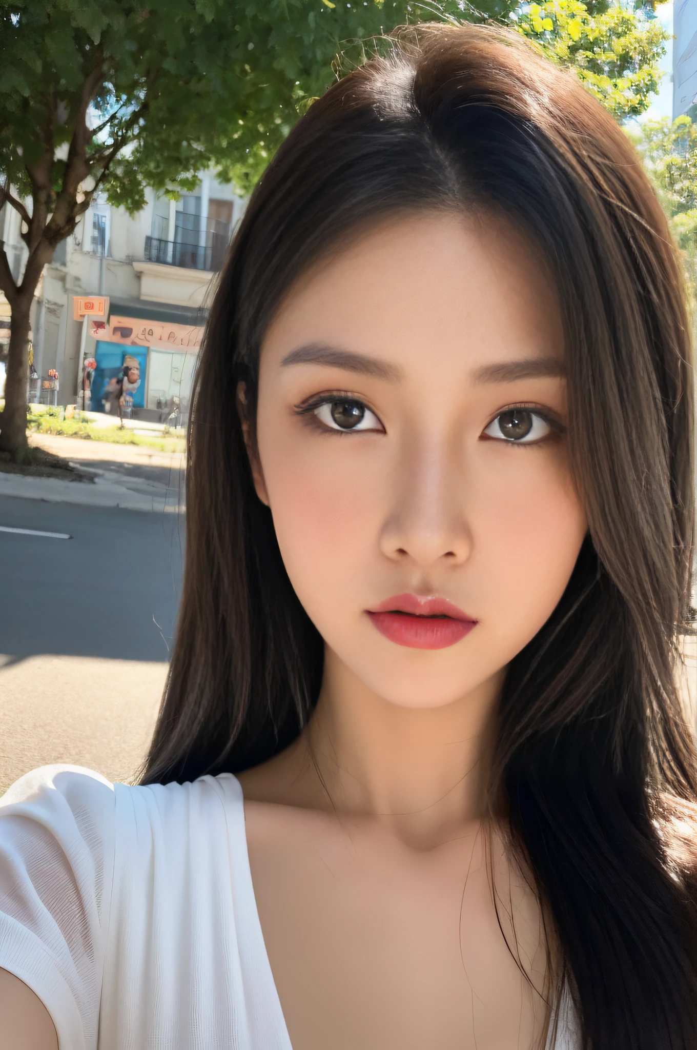 (Detailed and realistic portrait oF pretty Face girl)、(Shot outside with round 眼睛 and long Flapping 頭髮)、盯著相機、神奇攝影、戲劇性的燈光、攝影寫實主義、超詳細、 親密的肖像構圖、(中心影像合成)、(近距離拍攝:1.6)、頂級品質、F / 1。8、85毫米、 (28 歲的亞裔女性), 黑色的_頭髮,(黑色的_眼睛:1.2),(刘海),化妝品,白色的_裙子, (夏季高原，天空晴朗)