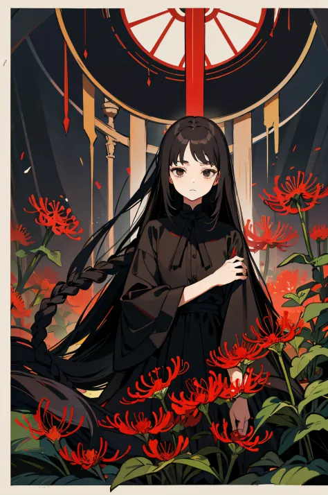 1 woman, (masterpiece, best quality:1.2), wearing black clothing, garden setting, red spider lily, dark theme, very long hair, a...