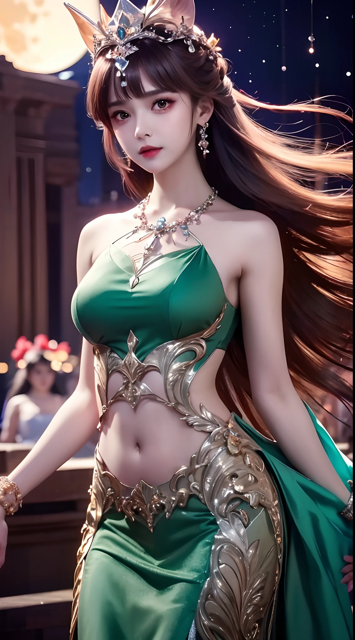 4k ultra HD, Obra de arte, Uma linda garota, cabelo longo, Penteado de princesa, Vestido de princesa, vestido de cristal verde escuro, estômago nu, renda, neckrenda, chapéu de princesa, fundo da lua,