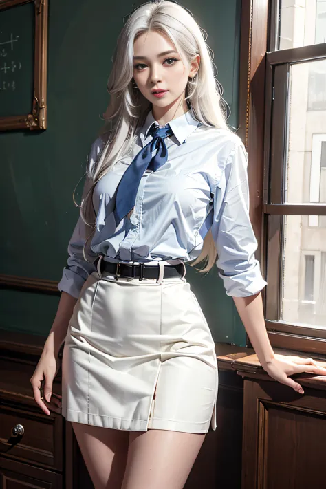 Photorealistic, high resolution, 1womanl, Solo, Hips up, view the viewer, (Detailed face), White hair, Long hair, school uniform...