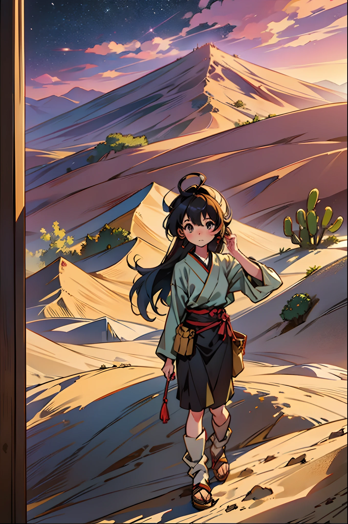 "Ein einsames japanisches Mädchen, anmutig eine grenzenlose Wüstenfläche erkunden, umgeben von majestätischen Sanddünen und hoch aufragenden Kakteen."