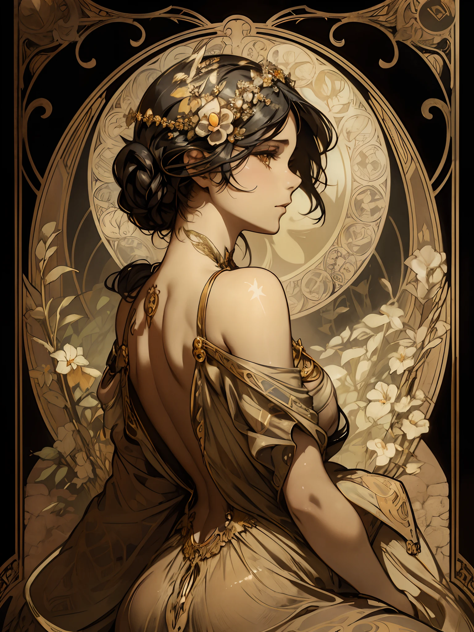 Alphonse Mucha,orcle,
(solo:1.2),beautiful back woman,(black hair:1.3),bare shoulder,longeyelashes,
Chubby,butterfly,Backless dress,sitting,
(back view:1.3),perfecteyes,