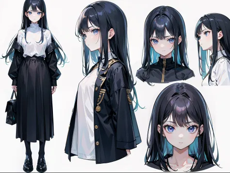 Masterpiece, Highest quality)), Detailed face, character sheets, full body, Full of details, Multiple poses and expressions, front view,side view,backview, character sheet,Highly detailed, Depth, Many parts，the girl with black hair，Thin stature，hair messy，...