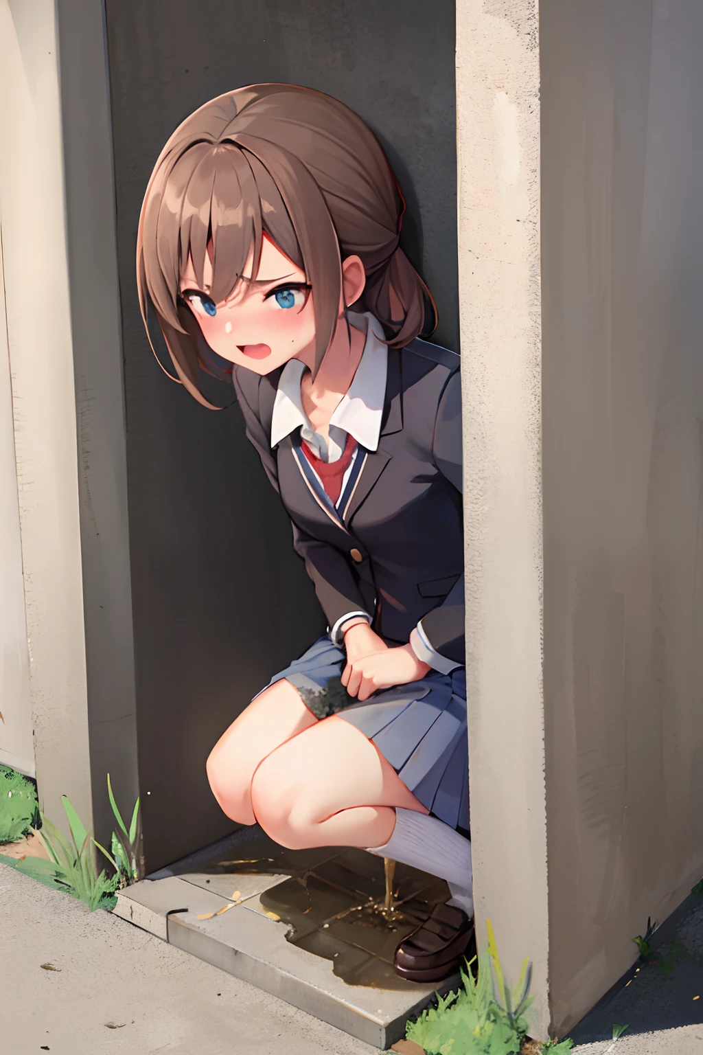 Anime girl in school uniform kneeling down in a corner - SeaArt AI