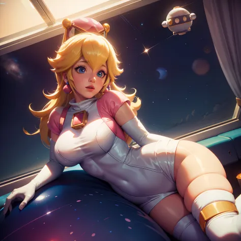 Princess Peach from Super Mario as an Astronaut in a spaceship, wearing a space suit, looking out of a window, Intricate details, Realistic CGI, Octane render, Top light, Cinematic, Low camera, ISO200, 8k