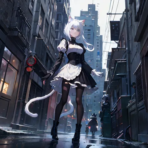 catgirl with asymmetric fashion-sense and a black-and-white-striped bobcut wearing full-coverage complete traditional gothic mai...