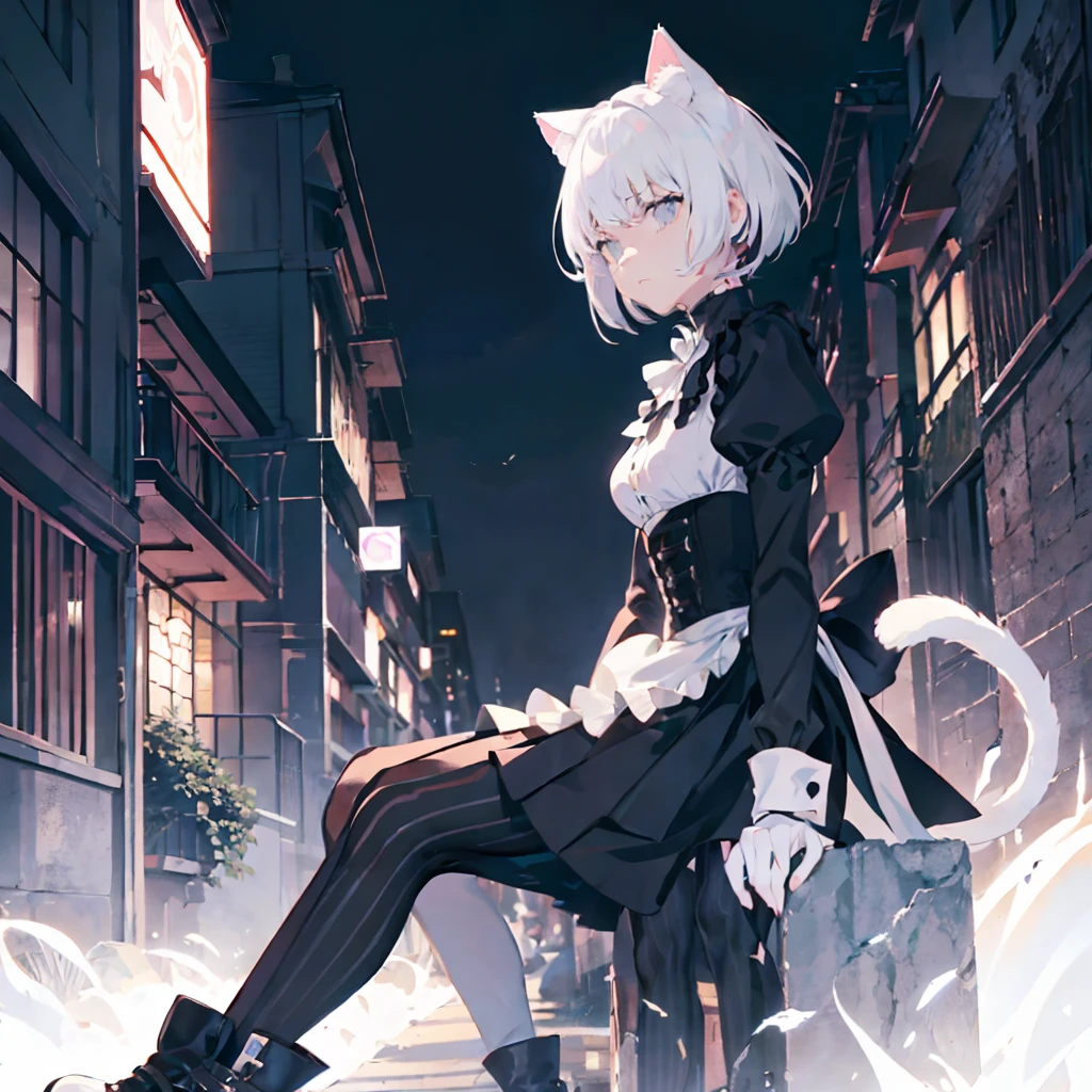 catgirl with asymmetric fashion-sense and a black-and-white-striped bobcut wearing full-coverage complete traditional gothic maid uniform with long sleeves past her wrists and legwear past her ankles in a scene generated from images sampled from every source possible and in high resolution such as 8K and 4K and 2K, masterwork portrayal of elegant feminine mature modest 30 years old scrutinizing suspicious dignified modestly-dressed exhausted depressed skeptical impatient bitter conservatively-dressed catgirl maid with one black nekomimi cat ear and one white nekomimi cat ear and with two-tone medium-length haircut and wearing a dress-or-top-or-blouse that covers her neck such as a turtleneck-sweater-or-buttoned-up-shirt-or-lace-blouse and wearing something that covers her legs such as long-dress-or-long-skirt and wearing one black boot-or-shoe and one white boot-or-shoe and the catgirl maid is looking behind her shoulder in a grungy ghetto seedy narrow alleyway in the night-time setting of a brutalist dystopian metropolitan city hellscape such as Gotham and viewed from an unusual-or-uncommon-or-interesting angle such as dutch angle and depicted in a sharp clean cool detailed style chosen from a mature dark complex intricate style such as the style shinichiro watanabe's cowboy bebop or the grimdark anime style of yoshitaka amano's vampire hunter d:1.3, 1girl, pure-white hair fringe, grey eyes, oil-slick-black hair with white-color striped highlights, white-colored hair with onyx-black stripes highlights, opaque black pantyhose, cat-striped white and black leggings, nekomusume tail, asymmetry, multicolored hair, two-tone hair, wearing full-coverage gloves, zebra-striped hair, sleeves past wrist, sleeves past fingers, collared dress, she's wondering what the you think you're doing, black-or-white white leather corset, black-or-white fabric bustier, high-low skirt, cat tail, zebra tail, legwear past ankles, long pleated skirt, long high-waist skirt, lowleg skirt,