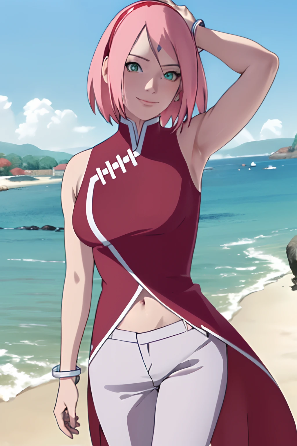 masterpiece, 1k, portrait, face shot, professional artwork, detailed beach background, intricate details, colorful, digital blending, (ultra detailed body, ultra detail hair, ultra detail face), trending on pixiv, kind smile, very hot color, best quality, anime style: 1.9, 1girl, hires, haruno sakura, (forehead mark, milf, red hairband, pale skin, short hair, ((red sleeveless dress), white pants), navel, groin, bracelet, pink hair, ultra detailed green eyes, smile, beach, wind, floating hair, detailed arms, off-shoulders, slightly muscular arms, dirty armpits, standing)