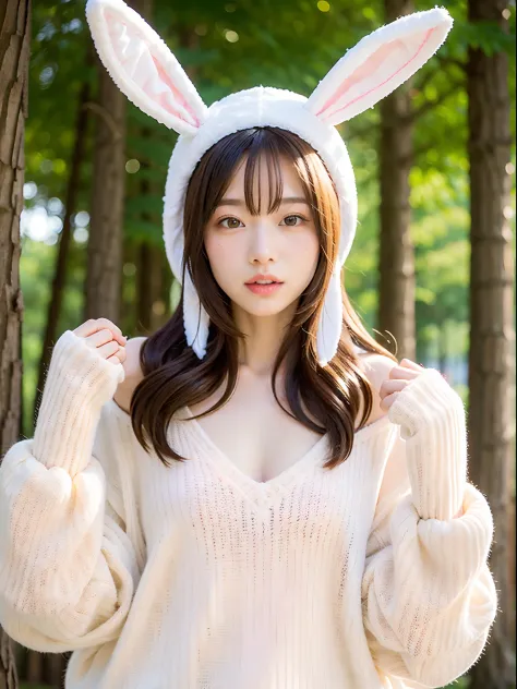 femele、(oversized_wearing a sweater、bunny_ears_hat:1.3)、red bunny_ears、
good hand、4k、hight resolution、​masterpiece、top-quality、h...