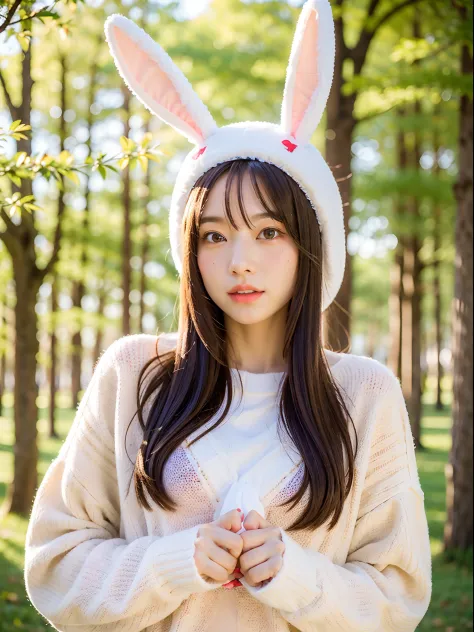 femele、(oversized_wearing a sweater、bunny_ears_hat:1.3)、red bunny_ears、
good hand、4k、hight resolution、​masterpiece、top-quality、h...